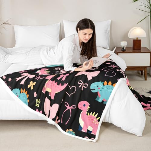Cute Dino Kids Fleece Blanket,Kawaii Bowknot Heart Princess Style Throw Blanket for Adult,Pink Black Dinosaur Cartoon Animal Lightweight Polyester Sofa Sherpa Blanket, Queen (90 x 90 Inch) - color: 01 Black Pink, size: Queen