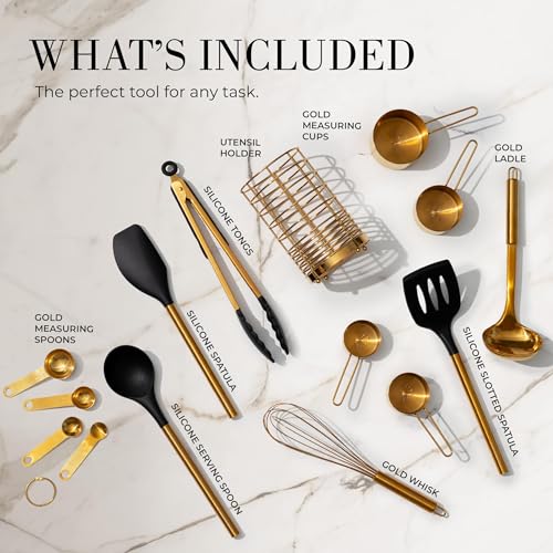 Styled Settings Black and Gold Kitchen Utensils Set, 15-Piece | Nonstick BPA-Free Silicone Cooking Utensils with Measuring Cups and Spoons - Luxury Kitchen Accessories for Stylish Cooking - color: 15 Piece Black & Gold