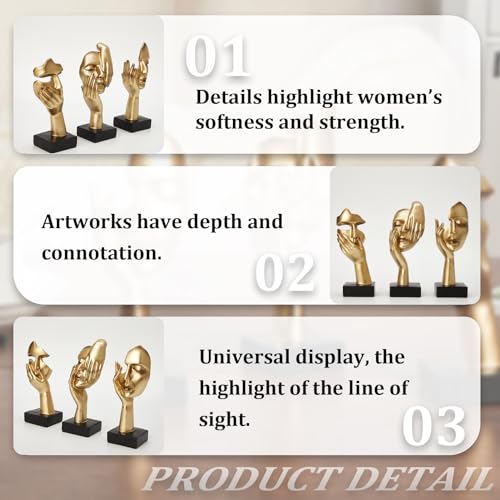 Gold Decor Thinker Statues Set of 3,Golden Abstract Face Resin Sculptures,Home Decor Accents,Office Bookshelf Decor, Shelf Side, Table Decorations for Living Room, Gift for Friends (gold-3Pcs)