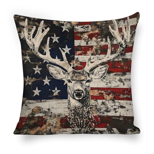 American Flag Deer Throw Pillow Covers Linen Pillow Cases 18x18 Inch Square Cushion Pillowscover Modern Farmhouse Decor for Sofa Bedroom Living Room Car - color: American Flag Deer, size: 18" x 18" (Pack of 1)