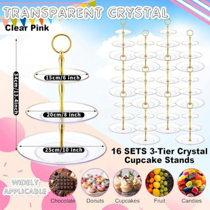 Teenyyou 16 Pack 3 Tier Cupcake Stand Bulk Tiered Dessert Stand Thick Plastic Serving Tray with Gold Edges Dessert Table Display Set Tea Cake Holder for Wedding Birthday Party (Clear) - color: Clear