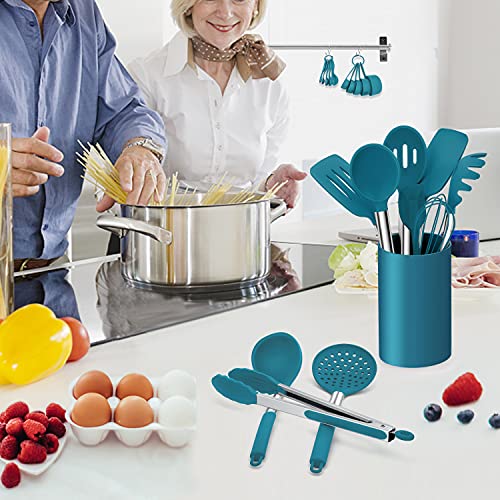 LIANYU 43 Pcs Silicone Kitchen Cooking Utensils with Holder, Heat Resistant Spatula Set with Stainless Steel Handle, Kitchen Cooking Gadgets Tools for Nonstick Cookware Set, Blue - color: Blue