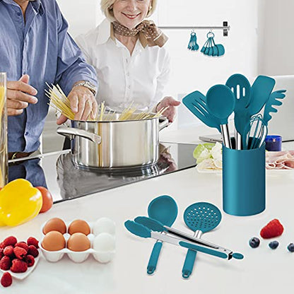 LIANYU 43 Pcs Silicone Kitchen Cooking Utensils with Holder, Heat Resistant Spatula Set with Stainless Steel Handle, Kitchen Cooking Gadgets Tools for Nonstick Cookware Set, Blue - color: Blue