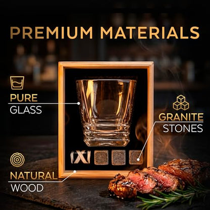 XRUSTAL Whiskey Glass Gift Set for Men, 10.5 oz Old Fashioned Crystal Glass with 3 Stone Whiskey Chilling Rocks, Bag and Wooden Gift-Ready Box, Bourbon Scotch Gift for Dad Husband Boyfriend (Wave)