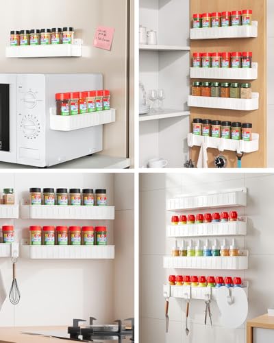 Nieifi Spice Rack Wall Mount, 4 Pack White, 2" Depth, Screw/Adhesive | Wall-Mounted with Removable Hooks Saves Counter Space, Fits 2" Deep Jars, Ideal for Kitchen Cabinets, Pantry Doors, and RVs - color: White