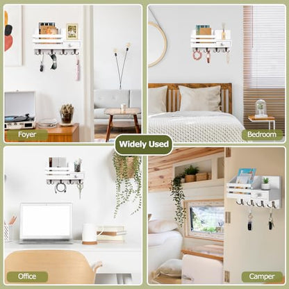 Key Holder Wall Mount, Wooden Key and Mail Organizer, White | 2 Mount Options, Includes 8 Hooks, Fence Mail Slot, Small Drawer and Shelf, for Entryway, Hallway, Doorway, Living Room, RV - color: White
