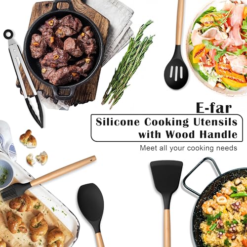 E-far Black Kitchen Utensils Set with Holder, 25-Piece Silicone Cooking Utensil Set with Wooden Handle for Nonstick Cookware, 446°F Heat Resistant Kitchen Tool Spatula Tongs Whisk, Non-toxic & Healthy - color: Black, size: 25