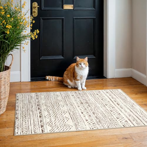 2x4 Runner Rug Washable Moroccan: Non Slip Entryway Throw Rugs Beige | Soft Door Mat Low Pile Thin Small Carpet Easy-Clean for Kitchen Bedroom Bathroom Living Room Indoor Home Office Decor - color: Beige, size: 2' x 4'