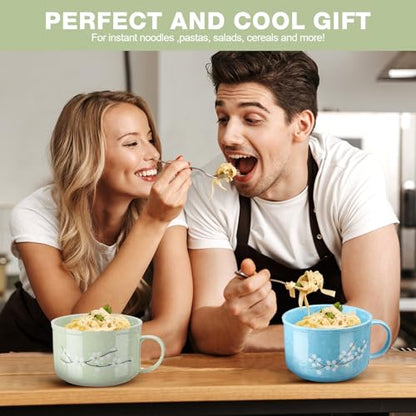 2 Pcs 30 Oz Ceramic Bowl with Lid Handle Noodle Cup,Blue, Green | Microwave Soup Bowls for Instant Meals, Cherry Blossom Design, 2 Stainless Utensils Sets with Case for Office Dorm Lunch - color: Blue, Green