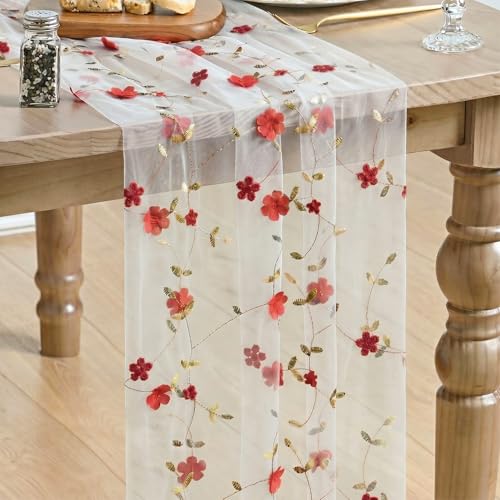 Artoid Mode Red 3D Flower Gauze Embroidery Table Runner 120 Inch 10FT, Tulle Seasonal Spring Kitchen Dining Holiday Table Decor for Home Party - color: White-red