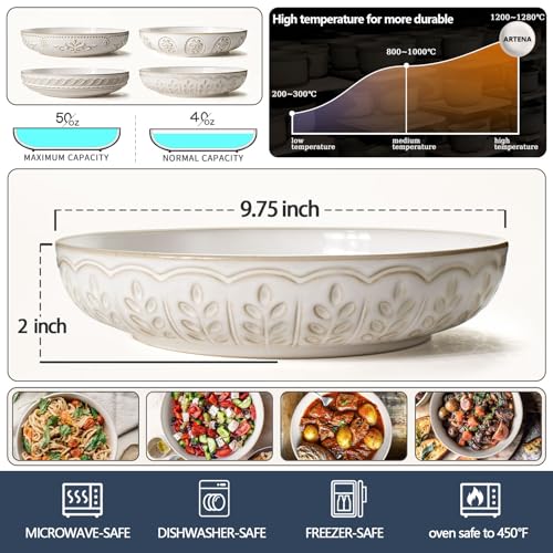 Pasta Bowls, 50oz Large Salad Serving Bowls, 9.75'' Plates Bowls Set of 4, Big White Ceramic Soup Bowls for Kitchen, Embossment Shallow Dinner Bowl, Microwave Dishwasher Safe, Wheat Leaf - color: White (Wheat Leaf)