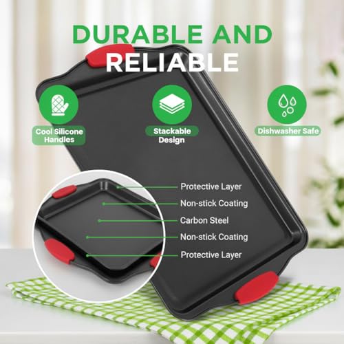 NutriChef 3-Piece Cookie Sheets for Baking, Non-Stick Baking Pans Set with Silicone Handles, Stackable Oven Trays in Small, Medium & Large Sizes for Professional and Everyday Use, 2026 Edition - size: 3-Piece Set 2026 Edition