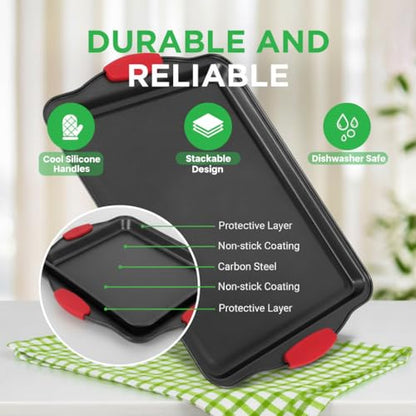 NutriChef 3-Piece Cookie Sheets for Baking, Non-Stick Baking Pans Set with Silicone Handles, Stackable Oven Trays in Small, Medium & Large Sizes for Professional and Everyday Use, 2026 Edition - size: 3-Piece Set 2026 Edition