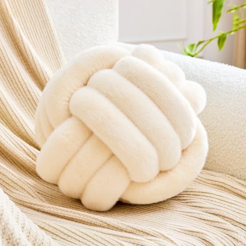 Uvvyui Knot Pillow Ball Home Decorative Pillows Round Throw Pillow with Faux Rabbit Fur Handmade Knotted Plush Pillow Aesthetic Room Decor Round Boucle Pillow Cushion (Beige, 11 Inch) - color: Fur-beige, size: Medium (Pack of 1)