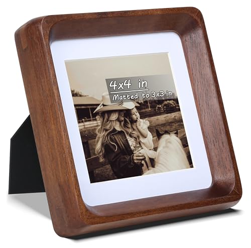 Square 4x4 Picture Frame with Mat for 3x3, USA-Sourced Natural Walnut Wood Handcrafted Rounded Corner with Real Glass, Vertical or Horizontal Display Photo Gallery Wall & Tabletop Frame - color: Walnut, size: 4x4 Matted to 3x3