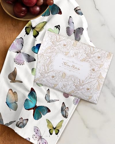 2pcs Cotton Waffle Kitchen Towels, Morpho Butterfly | Waffle Weave, Terry Cloth, Pure Cotton, Sustainable, 16"x26", Highly Absorbent, with Hanging Loop, Giftable Package - color: Morpho Butterfly