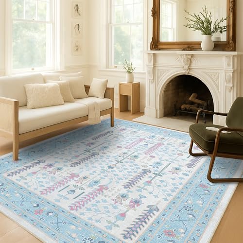 Fame Living Cream Blue Oushak Rug, Modern, Vintage, Turkish, Eclectic, Floral, Pastel, Washable, Area Rugs for Living Room, Dining, Bedroom, Nursery, Girls, Boys, 5'9"x8'9" - color: 850crbl, size: 5'11" x 8'11" (Rectangular)