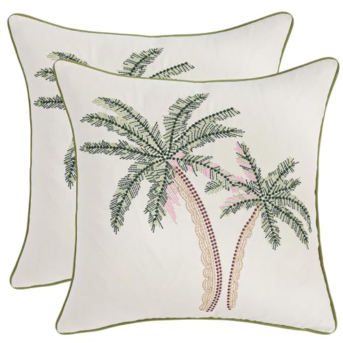 Embroidered Throw Pillow Covers 18x18 Pack of 2 Green and Pink | Coconut Trees,Durable Fabric,Square Pillow Cover,Boho Decorative,Hidden Zipper,Aesthetic Design,Ideal Gift,Machine Washable - color: Green Pink Coconut Trees