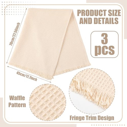 3 Pcs Waffle Kitchen Towels with Tassels Beige Absorbent 100% Cotton Turkish Dish Towels Decorative Boho Farmhouse for Drying Dishes & Home Decoration, 17.7 x 27.6inch