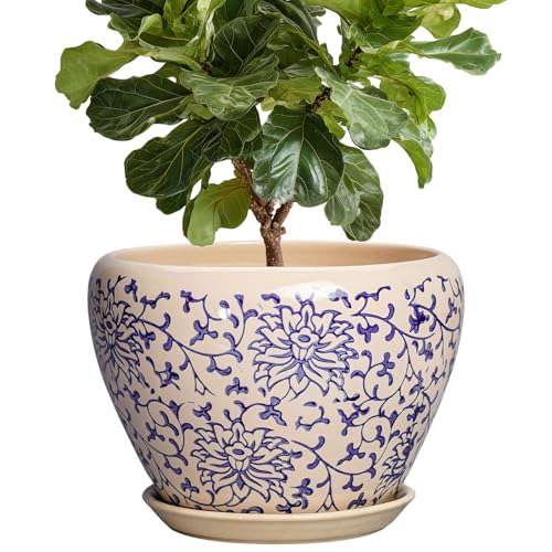 Ceramic Pots for Plants 10 Inch - Indoor Flower Pots with Drainage Hole and Tray, Decorative Pot for Indoor Outdoor Plants, Round Planters, Bathroom Decor, Gifts for Men Women, Retro Blue - color: Retro Blue, size: 10 Inch