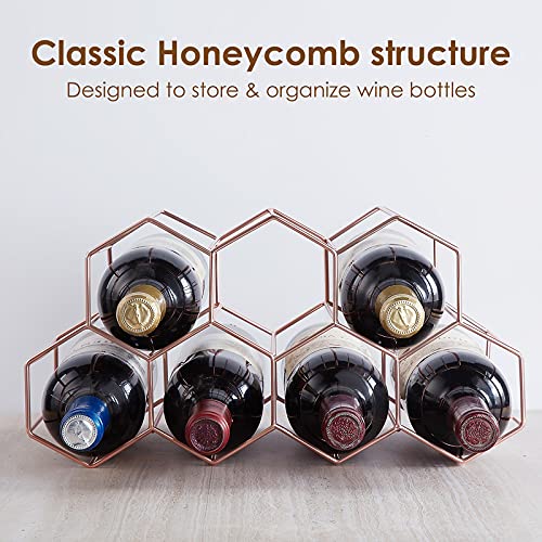 FOMANSH Countertop Wine Rack - 7 Bottle Holder for Storage, Freestanding Metal Tabletop Stand With Modern Design for Kitchen, Cellar, Bar Cabinet - color: Rose Gold