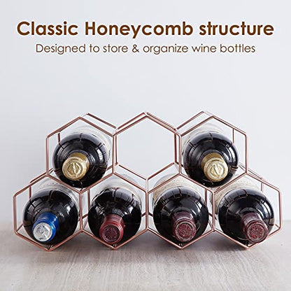 FOMANSH Countertop Wine Rack - 7 Bottle Holder for Storage, Freestanding Metal Tabletop Stand With Modern Design for Kitchen, Cellar, Bar Cabinet - color: Rose Gold
