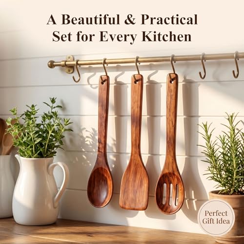HANSGO Wooden Spoons for Cooking, 3PCS Kitchen Utensils Set for Nonstick Pans, 12Inch Wooden Spatula for Stirring Frying Mixing, Sturdy & Smooth Edges, Kitchen Gifts for Women, Cooking Gifts for Men