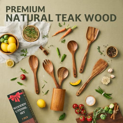 SOOMGYEOL SEOM 7-Piece Teak Wood Cooking Utensil Set with Holder | Natural Teak Wood, Uncoated, 6 Cooking Utensils & Holder, Nonstick Safe - size: 7 PCS Set