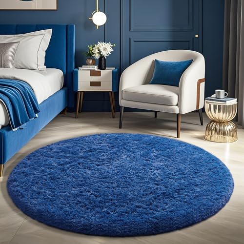 Ophanie Round Rug 5Ft Blue Circle Area Rug, Boys Room Decor, Fluffy Fuzzy Bedroom Carpet, Plush Soft Shaggy Living Room Rugs for Home Aesthetic with Over 99 pcs Pile fibers - color: 6- Blue, size: 5' (Round)
