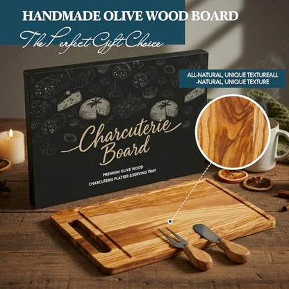 Olive Wood Charcuterie Board Rectangle Handle, Cheese Knife Fork | 15.8" X 10" Handcrafted with Embedded Handle, Natural Grain Groove, Wedding Housewarming Bridal Shower Gifts for Couples - color: Olive Wood, style: Rectangle with Embedded Handle