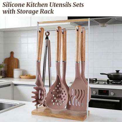 Chef Kitchen Cooking Utensils Set, Heat Resistant Silicone Kitchen Utensils Sets with Storage Rack, 7PCS Gadgets Tools Set with Wooden Handle for Nonstick Cookware,Tongs, Turner, Skimmer (Khaki) - color: Khaki