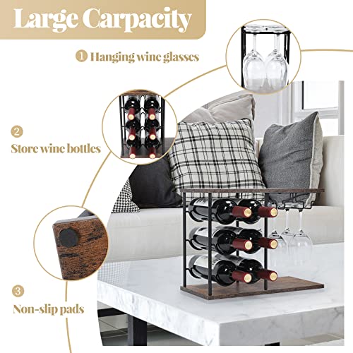 MOOACE Countertop Wine Rack, Wine Bottle Rack with Glass Holder | Freestanding, Holds 6 Bottles and 4 Glasses, For Home Bar Tabletop Kitchen Cabinet, Wood & Metal