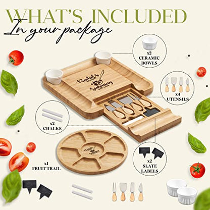 Personalized Bamboo Cheese Board and Knife Set - Custom Engraved Platter Serving Tray with Slide Out Drawer & 4 Stainless Steel Knives - Unique Gift Set for Anniversary, Wedding (Design 9) - color: Design 9