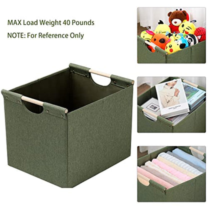 HOONEX Large Collapsible Storage Bins, Linen Fabric, Pack of 2, Storage Baskets with Wooden Carry Handles and Sturdy Heavy Cardboard, for Home, Office, Car, Nursery, Olive - color: Olive
