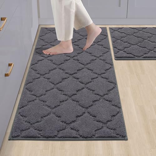 COSY HOMEER Soft Kitchen Rugs Set of 2 Non Slip 20"x30"+20"x48",Dark Grey | Absorbent Kitchen Mat for Floor,Non-Skid Standing Mat,Washable,Stain Resistant Kitchen Runner Rug for Sink,Area Rug,Entry - color: Dark Grey, size: 20 X 30 "+ 20 X 48 "