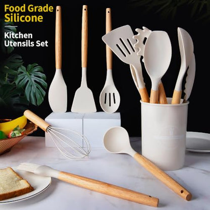 Silicone Cooking Utensils Set, 12Pcs Large Heat Resistant Kitchen Utensils, Turner Tongs, Spatula, Spoon, Wooden Handle Kitchen Gadgets with Holder for Nonstick Cookware, Dishwasher Safe (White) - color: White