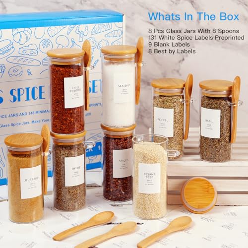 8 Pcs Glass Containers with Bamboo Lids and Spoons - 10 oz Sugar Container with 148 Kitchen Pantry Spice Jar Labels Preprinted - Glass Spice Jars with Wooden Lids Hold Coffee, Tea, Candy, Herbs - color: 10oz