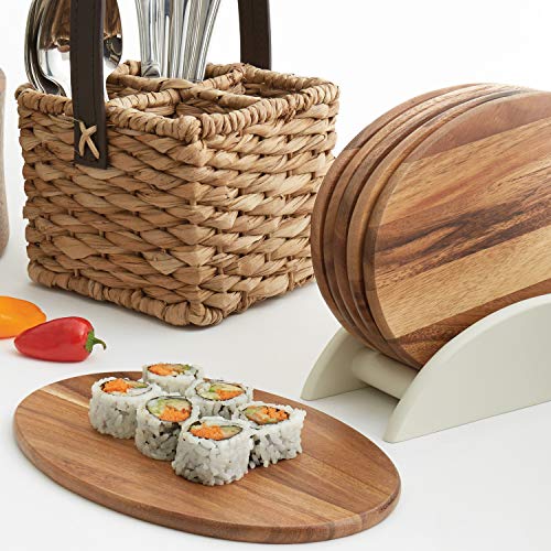 Woodard & Charles 6 Acacia Wood Serving Boards w/White Stand, 7 Piece Set | 9.5" x 6.5" Wood Serving Boards on a Stand; Serve Sushi, Cheese, Charcuterie, Appetizers and Small Bites for Any Party - color: White, size: 7 Piece Set