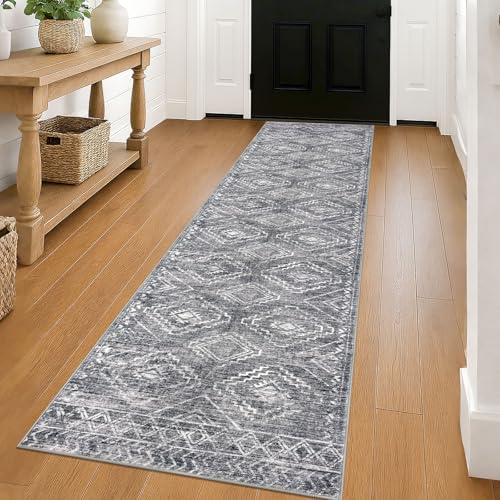 KILOCOCO Washable Runner Rug 2x8 ft Non-Slip Hallway Runners, Grey | Low-Pile Entryway Runners, Rubber Backed Runner Rug, Printed Kitchen Runner Rug, Soft Geometric Rugs for Hall Living Room - color: Grey, size: 2' x 8' (Runner)