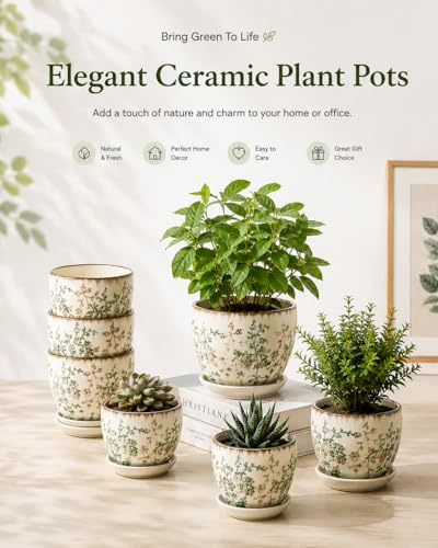 Retro Ceramic Garden Pots, 5.8 Inch Plant Pots with Drainage and Attached Saucer Set of 4, Chinoiserie Floral Large Flower Pots for Home Decor, Plant Lover Gifts, White Green - size: 5.8 inch, set of 4