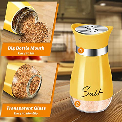 Salt and Pepper Shakers - 4 oz Yellow Glass Set with Stainless Steel Lids | Refillable Glass Shakers with Stainless Steel Lids for Cooking, Dining, RV Trips, Camping and BBQs; 4 oz Capacity Each. - color: Yellow