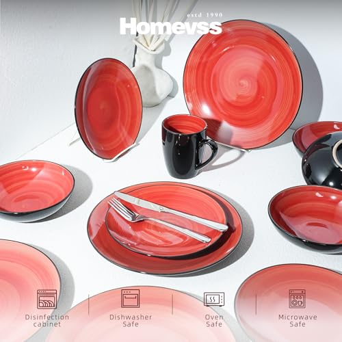 HomeVss Sonoma 16 Piece Stoneware Dinner Set Red, Outside Black + Inside Handpainted Color Red with speckle - color: Red