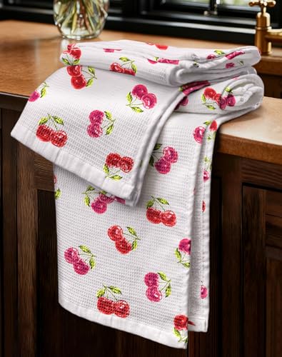 2pcs Cotton Waffle Kitchen Towels, Cherry | Waffle Weave, Terry Cloth, Pure Cotton, Sustainable, 16"x26", Highly Absorbent, with Hanging Loop, Giftable Package - color: Cherry