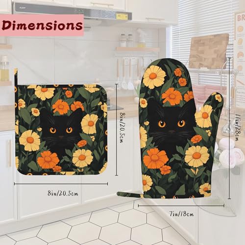 Black Cat Flowers Heat-Resistant Silicone Oven Mitts and Pot Holder 4 Piece Set,Non-Slip Kitchen Oven Gloves for Baking, BBQ, Cooking,Grilling - color: Black Cat Flowers