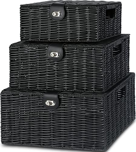 Honygebia Black Wicker Storage Baskets - Set of 3 Decorative Nesting Boxes with Lids, Woven Basket with Lock & Handle, Organizer for Beauty Makeup Bathroom Decor - color: Black