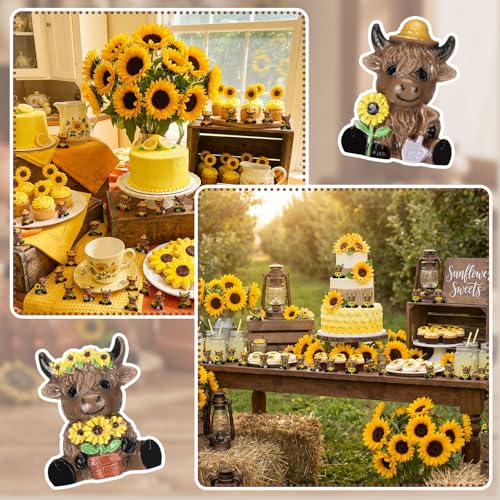 Yaomiao 60 Pcs Mini Highland Cow Figurines Resin Sunflower Highland Cow Figurines Cute Miniature Resin Gift Statue Decorations for Office Garden Desk Tabletop Festive Party Home Kitchen Tiered Tray - style: Sunflower