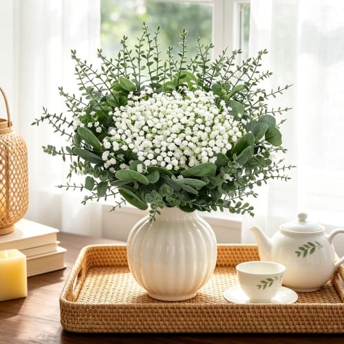 Palonu 200 Pcs 5 Kinds Mixed Artificial Eucalyptus Leaves Stems Bulk Babys Breath Eucalyptus Bundle Faux Plants Greenery for DIY Bouquets Floral Arrangement Wedding Engagement Party Decor