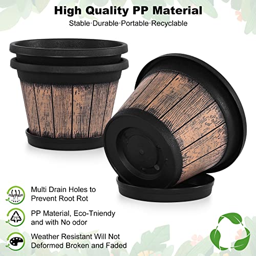 Quarut Plant Pots Set of 3 Pack 9 inch,Whiskey Barrel Planters with Drainage Holes & Saucer.Plastic Decor Flower Pots Imitation Wine Barrel Design,for Indoor & Outdoor Garden Home Plants (Brown) - size: 9 inches