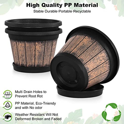 Quarut Plant Pots Set of 3 Pack 9 inch,Whiskey Barrel Planters with Drainage Holes & Saucer.Plastic Decor Flower Pots Imitation Wine Barrel Design,for Indoor & Outdoor Garden Home Plants (Brown) - size: 9 inches