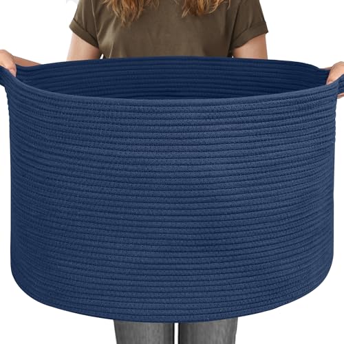 115L Dark Blue Basket for Organizing, 23.6" x 15.7" XXXL Woven Cotton Rope Laundry Basket, Oversized Blanket Storage for Living Room Bedroom, Kids Toy Box Organizer, Pool Towel Storage Bin - color: Dark Blue, size: 23.6"x23.6"x15.7"